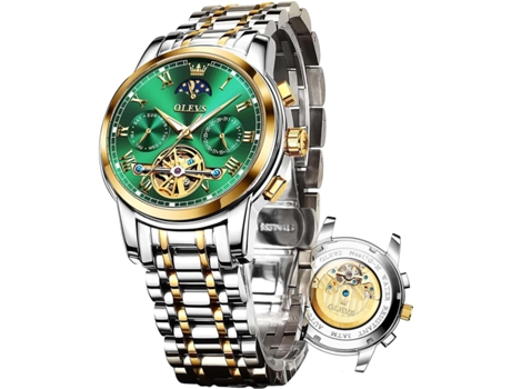 VEANXIN Reloj impermeable luminoso hueco mecánico automático de negocios de lujo para hombres(esfera verde)