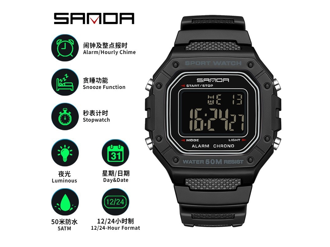 Reloj Electrónico De Pantalla Única (totalmente Negro), Reloj De Moda Multifuncional, Luminoso, Reloj De Pulsera Electrónico Resistente Al Agua.