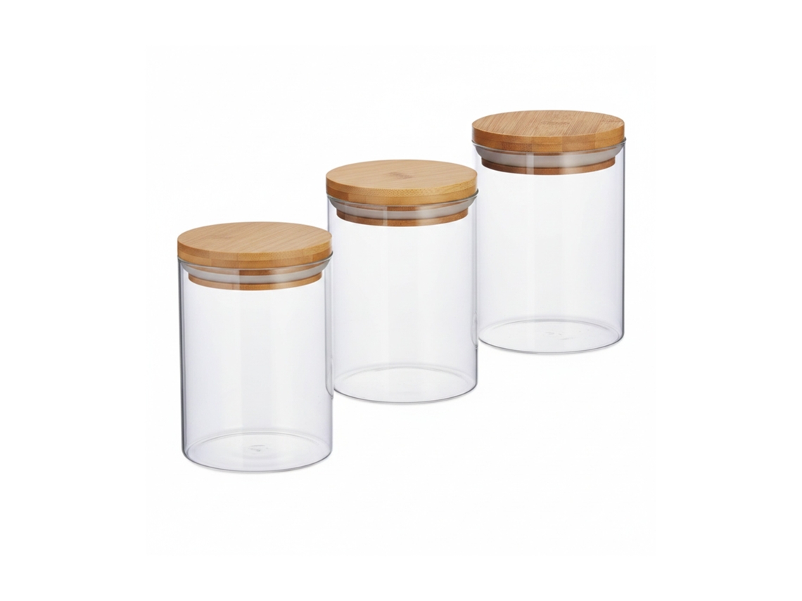 Frascos De Vidro Relaxdays, Conjunto De 3, Para Massas, Arroz, Muesli, Grãos De Café, 600 Ml, 14x9,5 Cm, Bambu, Natural