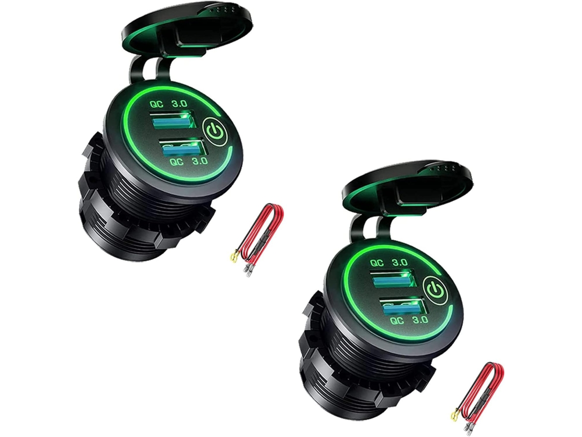 2 Tomas De Corriente Usb Dobles Qc 3.0, Resistentes Al Agua, De 12 V/24 V Con Interruptor Táctil Verde.