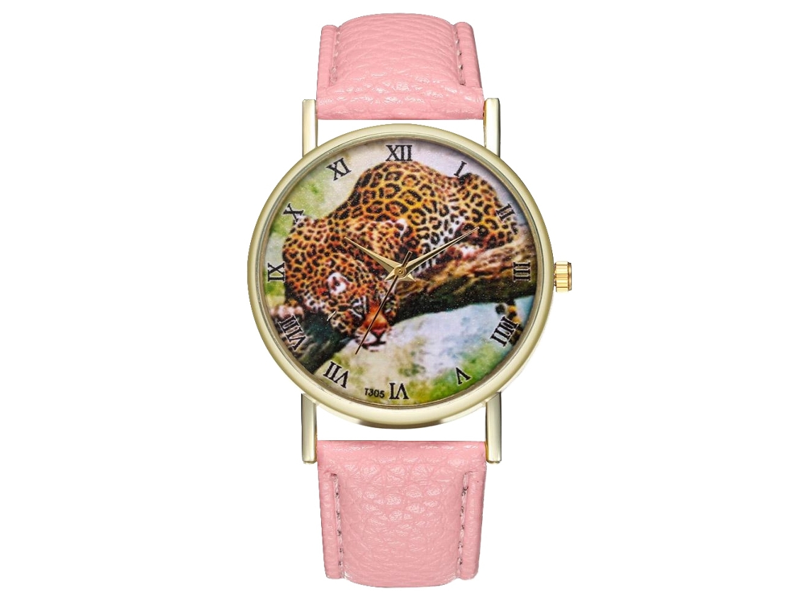 Reloj De Cuarzo Unisex Con Correa De Cuero Pu Moda Dial De Leopardo Rosa