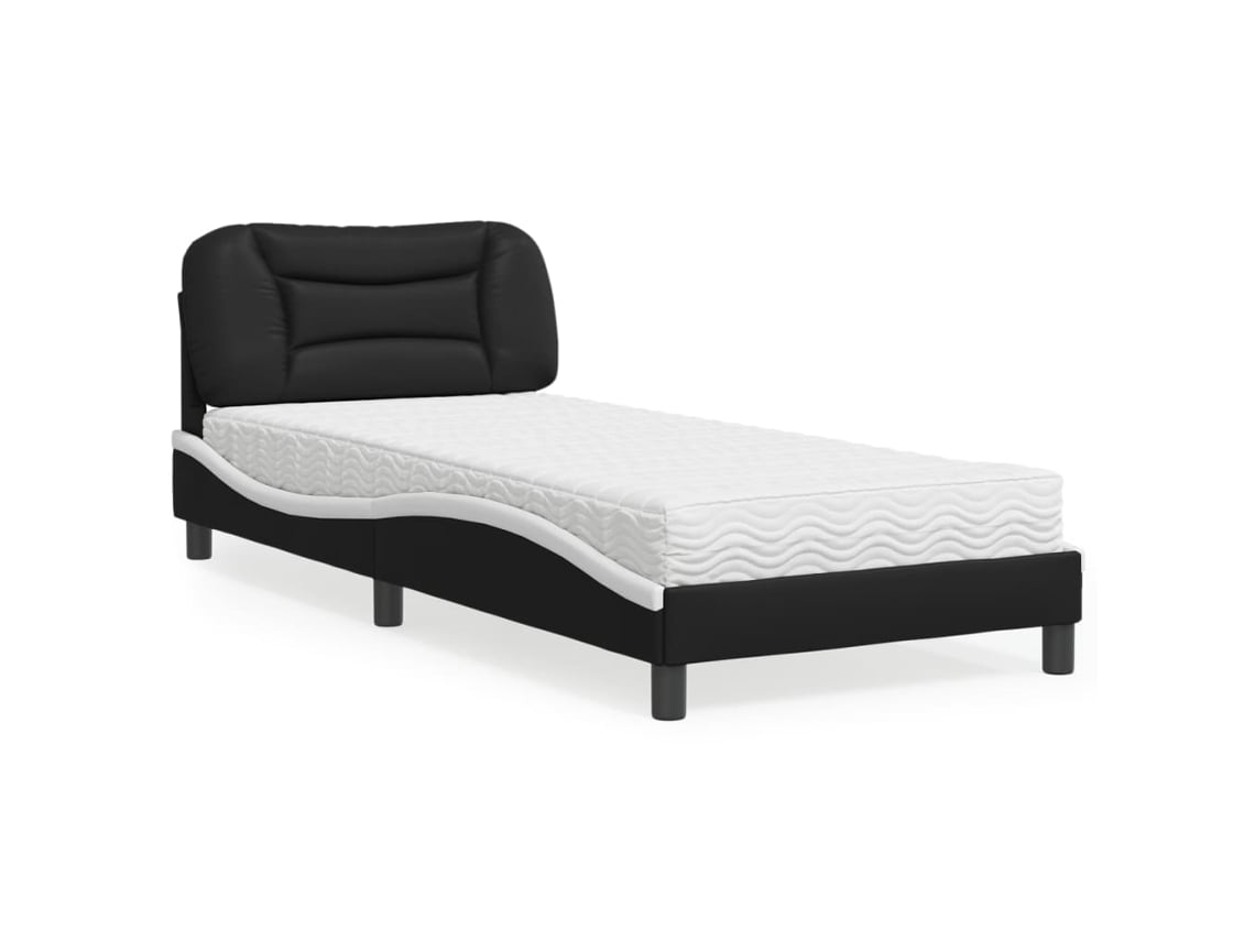 Cama Con Colchón Cuero Sintético Negro Y Blanco 90x200 Cm