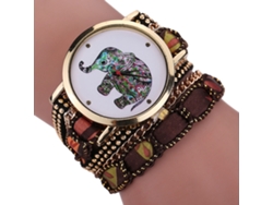Reloj De Pulsera Multicapa De Estilo Étnico Para Mujer Con Esfera De Elefante Y Movimiento De Cuarzo Marrón.