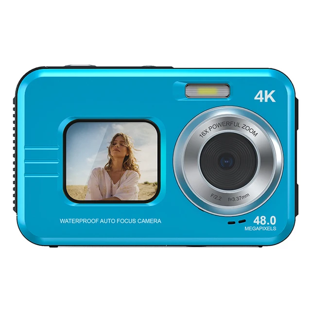 (azul, Memoria De 32 Gb) Cámara Hd Resistente Al Agua, 48 Mp, Pantalla Dual De 2,7 Pulgadas, Zoom 16x