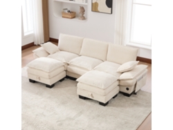 Sofá Modular 3 Plazas De Pana Con 2 Otomanas, Usb-c, Bolsillos, Beige