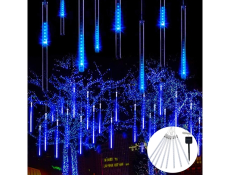 Luces solares de lluvia de lluvia de meteoritos, 30 cm, 8 tubos, 144 LED, luces de meteoritos azules, luces LED de cadena de hadas de lluvia que caen
