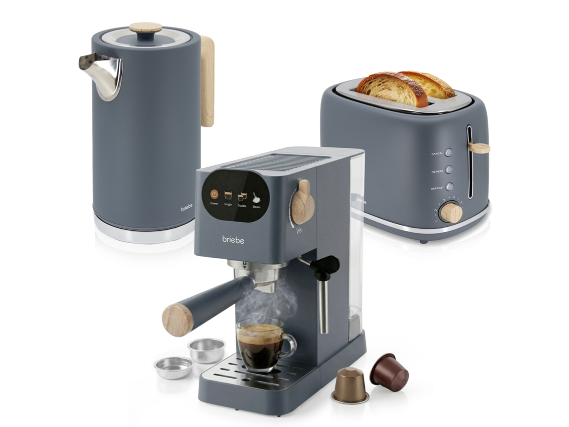 Nordic Set Cafetera Espresso 20 Bares, Tostadora Pan 2 Rebanadas, Hervidor Eléctrico Agua 1,7l Briebe Skt1209gry Gris