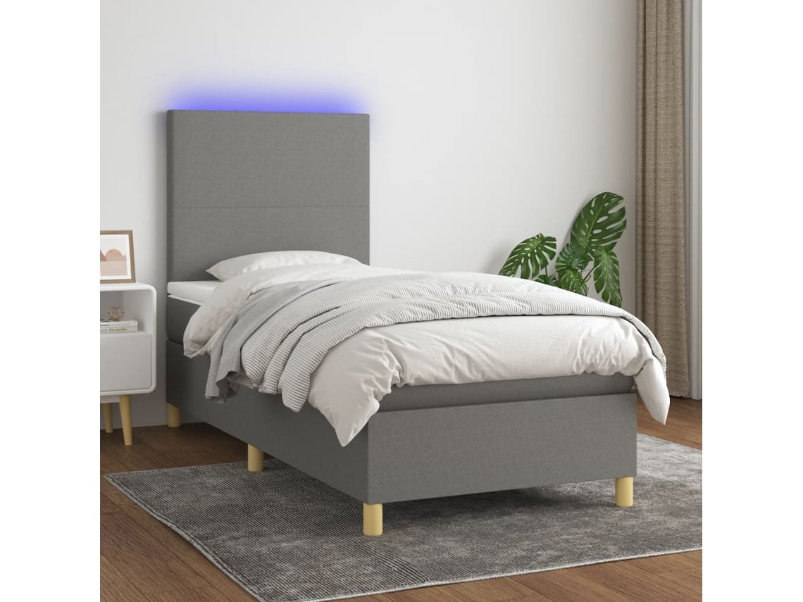 Cama Box Spring Colchón Y Luces Led Tela Gris Oscuro 100x200 Cm