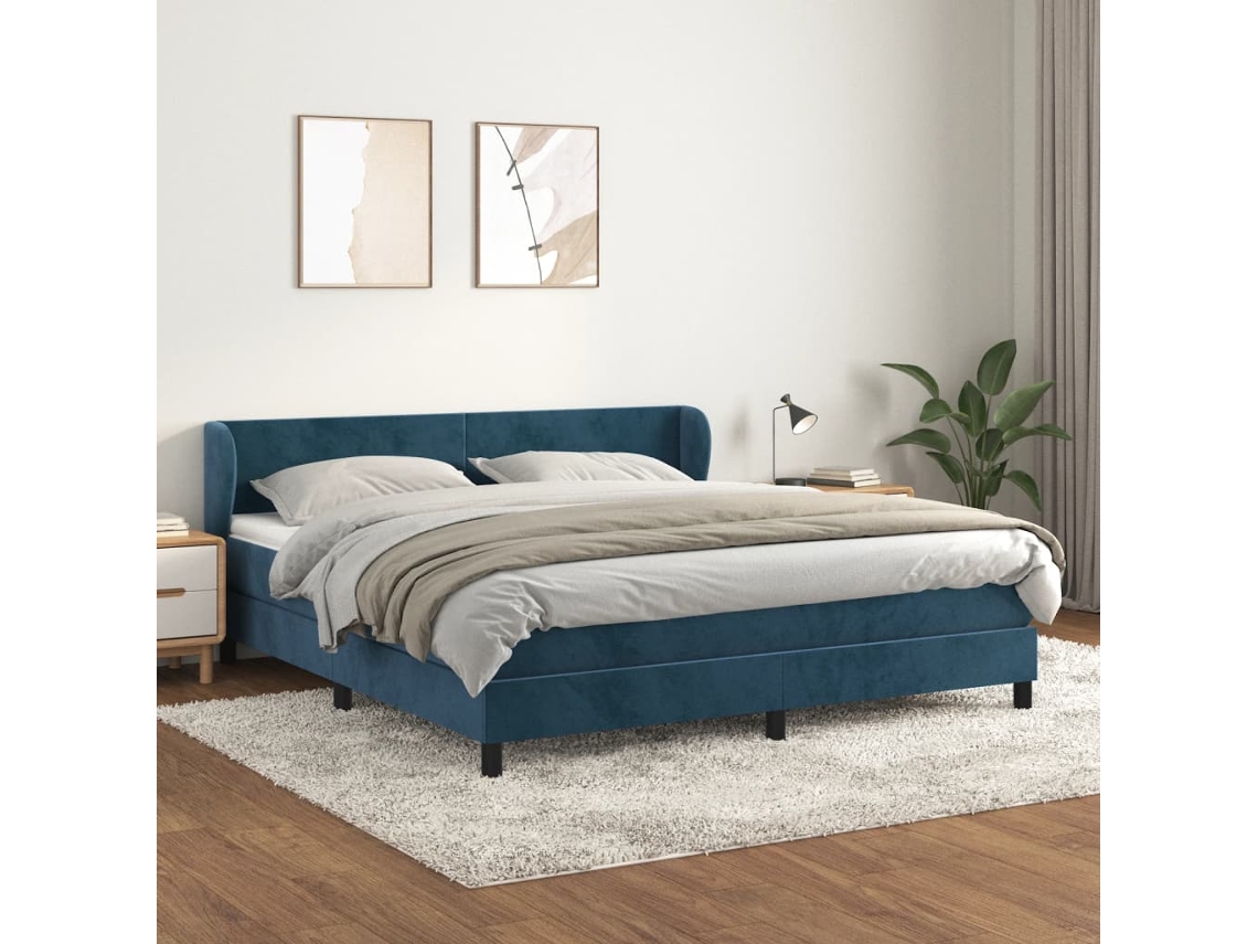 Cama Box Spring Con Colchón Terciopelo Azul Oscuro 180x200 Cm