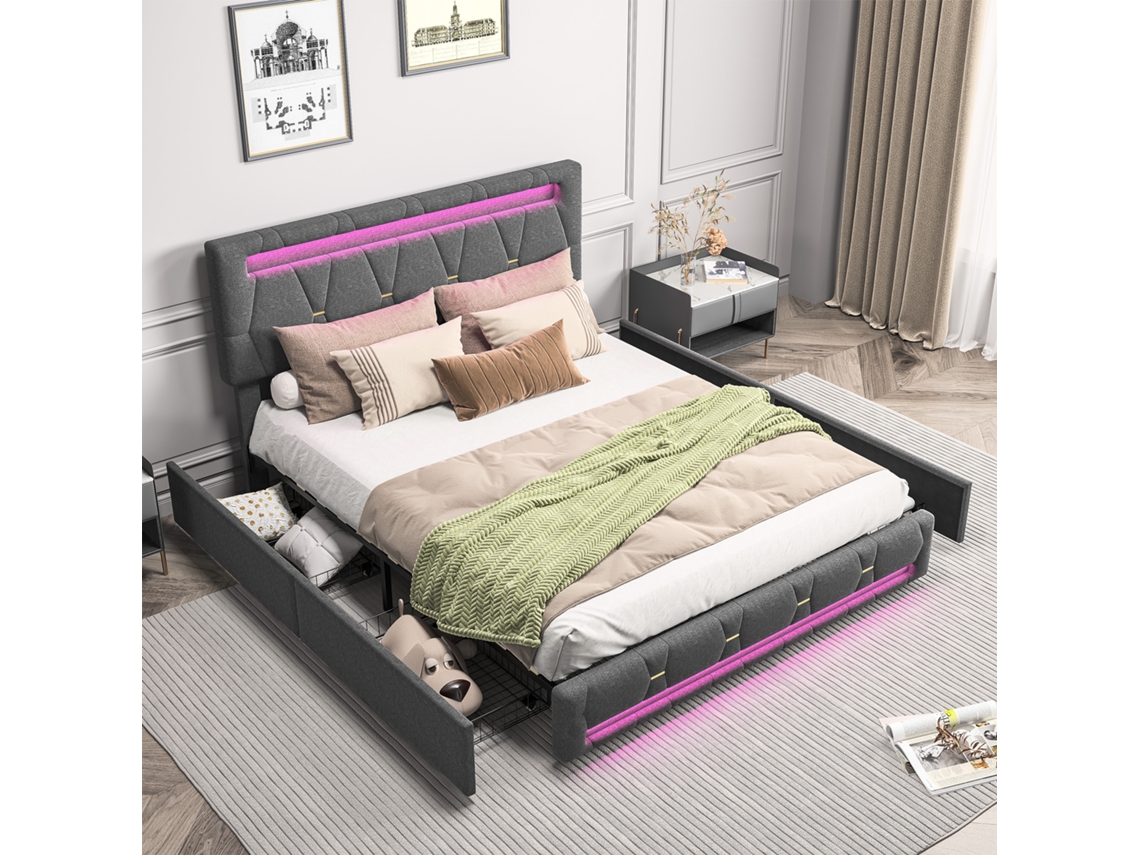 Cama Tapizada Matrimonial 140x200 Cm Con 4 Cajones Y Luz Led Rgb – Cabecero Ajustable, Tela De Lino Gris, Estructura Metálica, Moderna
