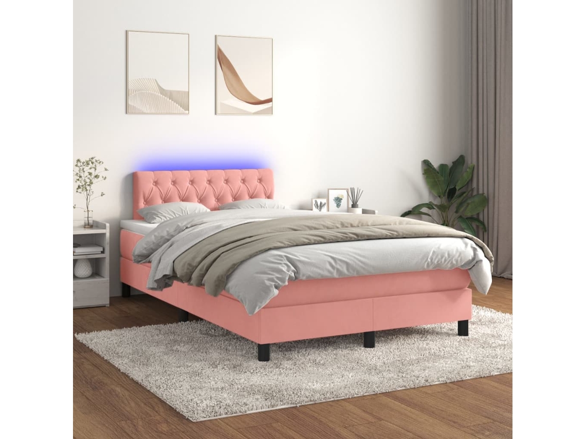Cama Box Spring Colchón Y Led Terciopelo Rosa 120x200 Cm