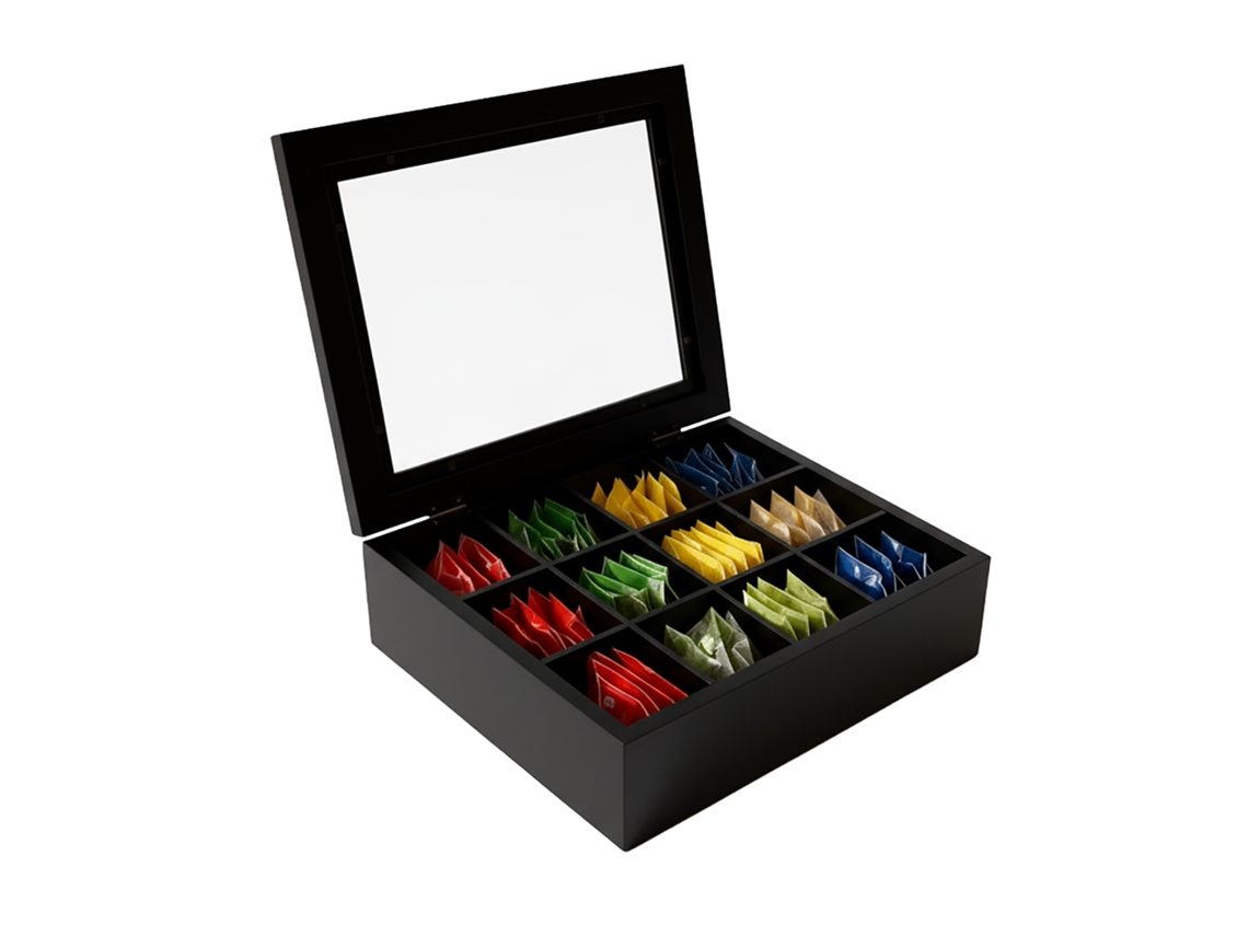 Relaxdays Caja De Té, 12 Compartimentos, Bambú, Para Bolsitas, Con Ventana, 8 X 28 X 23 Cm, Negro