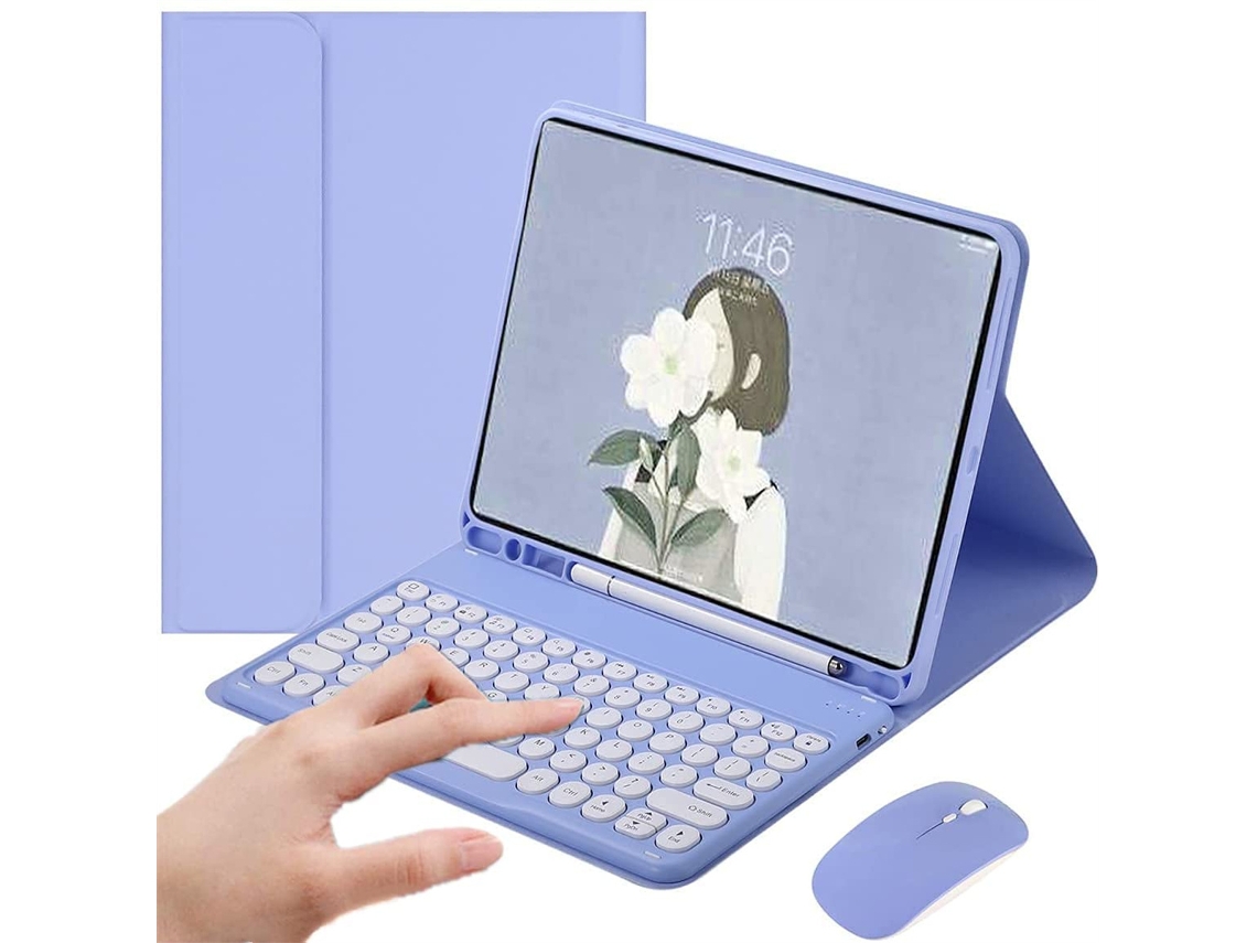 Funda con teclado para iPad 9 (2021) de 10,2 pulgadas, iPad 8, iPad 7, Air 3 Pro de 10,5 pulgadas, con ratón, teclas retroiluminadas, cubiertas de colores y teclado extraíble morado.
