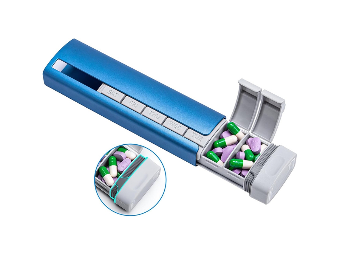 Organizador de pastillas semanal CHRUI de 7 días, aluminio, doble protección, libre de BPA (azul)