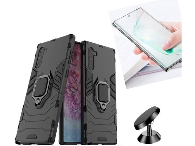 Kit Carcasa, Protector de Cristal 5D Full Cover y Soporte Magnetico Auto Samsung Galaxy Note 10 Military Defender Negro