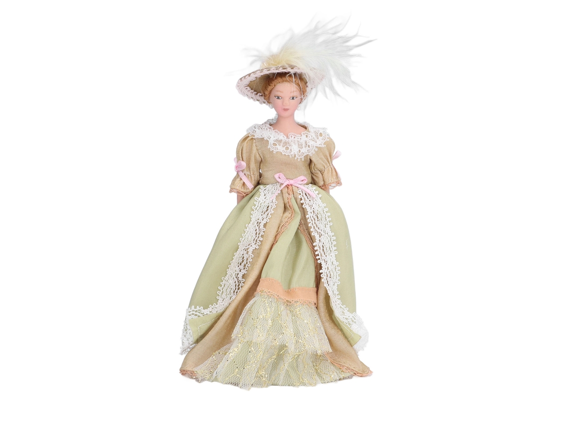 Figura de cerámica en miniatura para casa de muñecas, escala 1:12, con elementos giratorios y soporte.