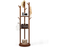 Perchero de Pie Giratorio a 360°, Perchero de Madera de 167 cm con 3 Estantes de Almacenamiento y 9 Ganchos para Sombreros y Bolsos, Nogal COSTWAY
