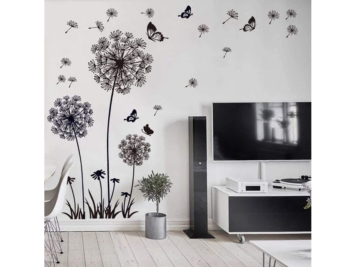 Adhesivo De Pared De Flores De Diente De León Negro (150x114cm) Mariposa Plantas Rama Árbol