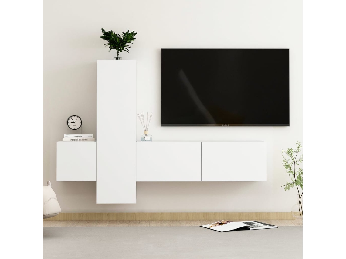 Conjunto de 3 muebles de TV con derivados de madera, blanco, DKD HOME DECOR