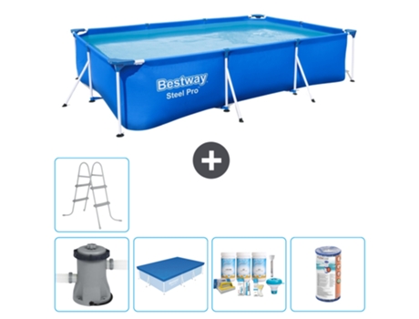 Piscina BESTWAY rectangular Steel Pro - 300 x 201 x 66 cm - Azul - Bomba incluida Cubrir - Paquete de mantenimiento - Filtrar - Escalera