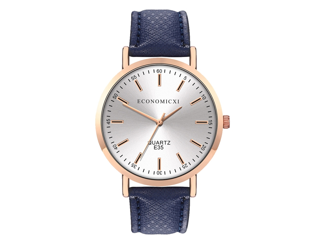 Reloj De Pulsera Unisex De Piel Sintética Con Esfera Redonda, Movimiento De Cuarzo Analógico, Estilo Casual, Color Blanco Y Azul.
