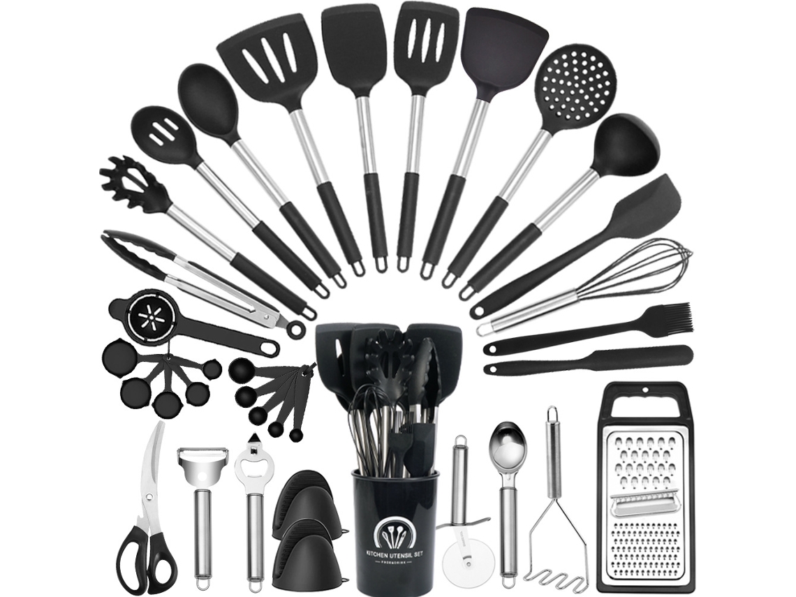 Juego de utensilios de cocina de silicona antiadherente de 35 piezas con soporte Digitallab (negro)