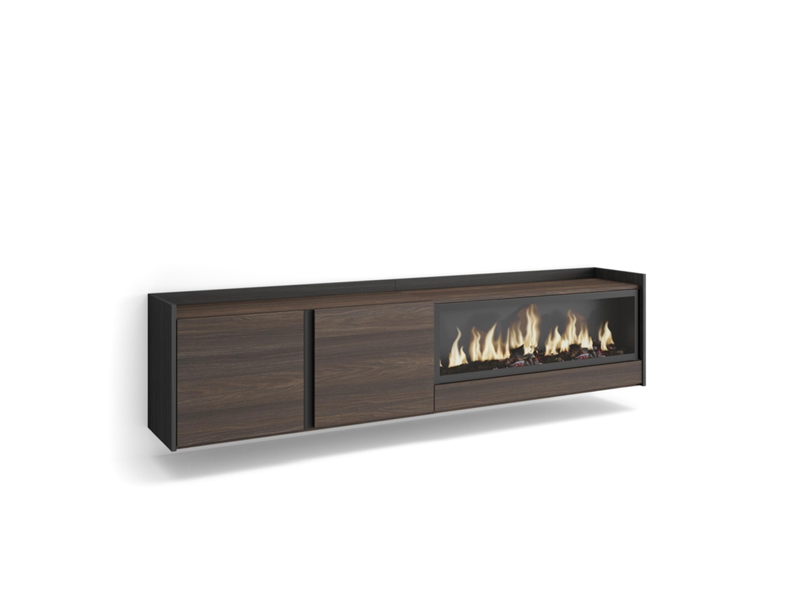 Mueble para TV, 212x35x50cm, para televisores de hasta 80'', chimenea eléctrica XXL, montaje en pared, roble oscuro y negro.