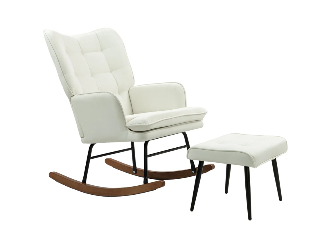 Mecedora Con Reposapiés, Cojín Acolchado Y Reposabrazos, Capacidad Carga De 130 Kg, Color Crema.