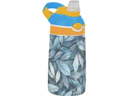 Botella de agua infantil con tapa, asa y estampado de hojas, azul, sin marca.