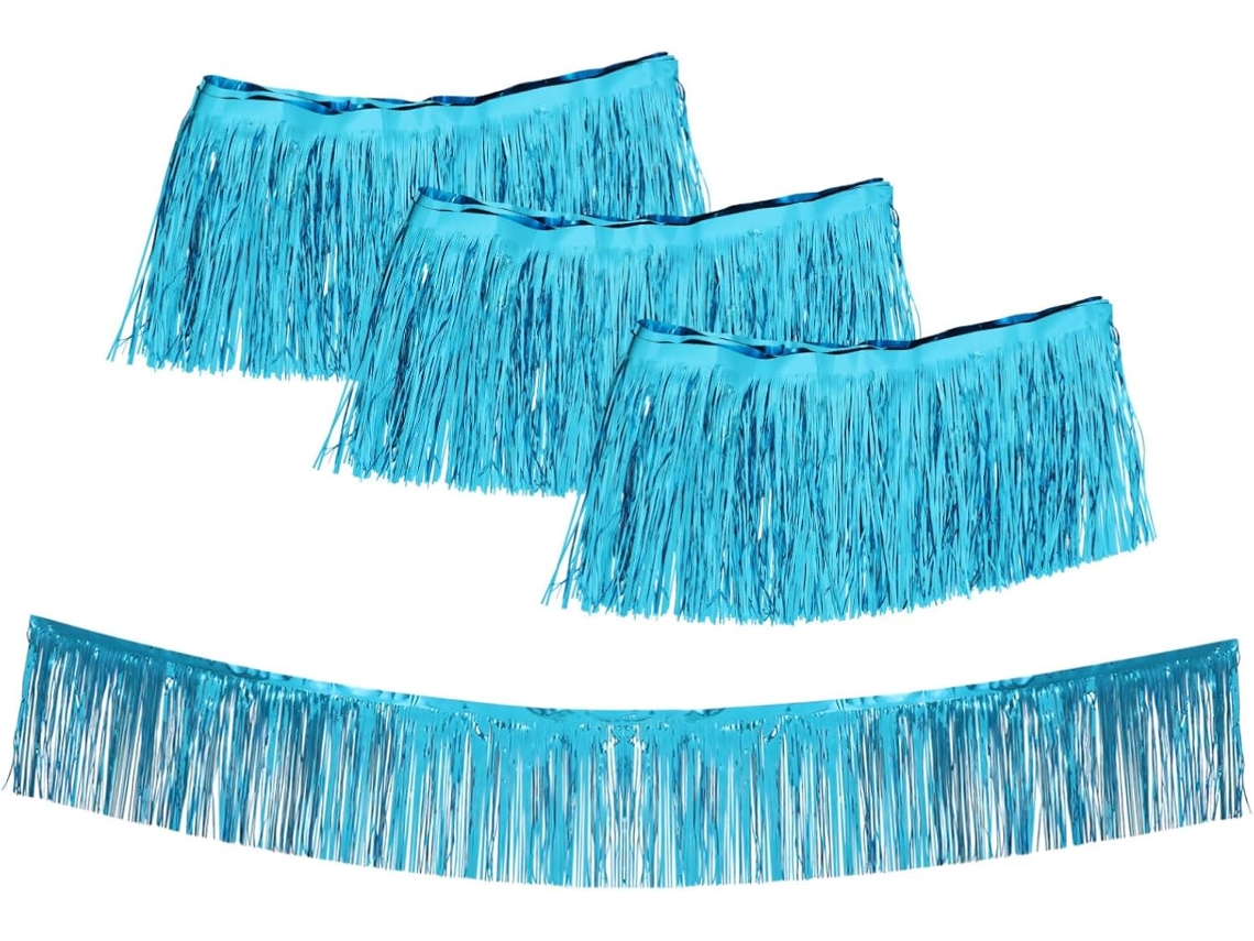 Juego de 4 faldas de mesa de plástico azul con flecos metálicos para decoración de bodas y cumpleaños. Slowmoose