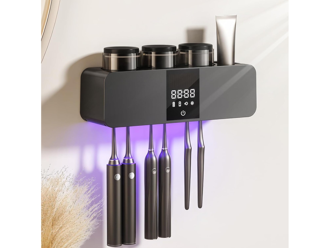 Portacepillos de dientes inteligente de pared con carga solar, 6 compartimentos y 3 tazas, secador integrado, color negro Aeuzwr