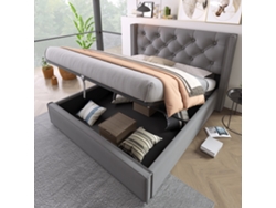 Cama Doble Hidráulica De 140x200 Cm En Algodón Gris, Estructura Metálica Con Limas, Diseño Moderno Y Amplio Espacio De Almacenamiento