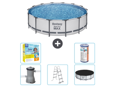 Piscina BESTWAY Round Steel Pro MAX - 427 x 107 cm - Gris - Bomba incluida - Escalera - Cobertor Paquete de mantenimiento - Filtrar