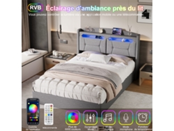 Cama Doble De 140 X 190 Cm, Puerto Usb, Cama Con Almacenamiento, Cama Juvenil, Cama Para Adultos, Gris, Lino, Sin Colchón