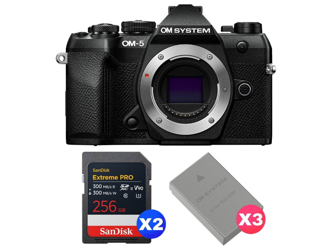 Om System Om-5 Mark Ii Negro + 2 Sandisk 256gb Extreme Pro Uhs-ii Sdxc + 3 Om System Bls-50 + Ebook “20 Consejos Para Fotos Que Impactan”