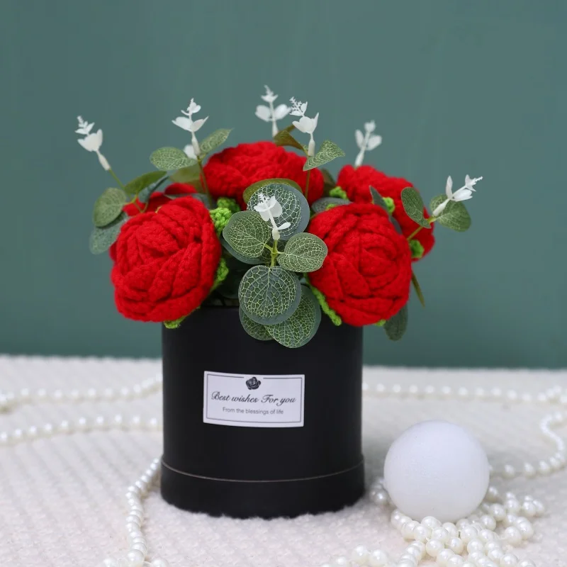 (rojo) Cubo De Ramo Creativo Tejido A Crochet Hecho A Mano Para Mesa, Decoración Del Hogar, Regalo De Aniversario