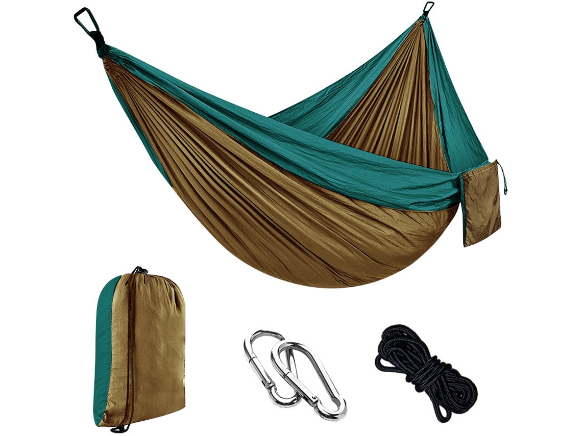 Hamaca Individual Chrui Con Cuerda De 2 M Y Mosquetón, 270 X 140 Cm (verde Oscuro, Camello)