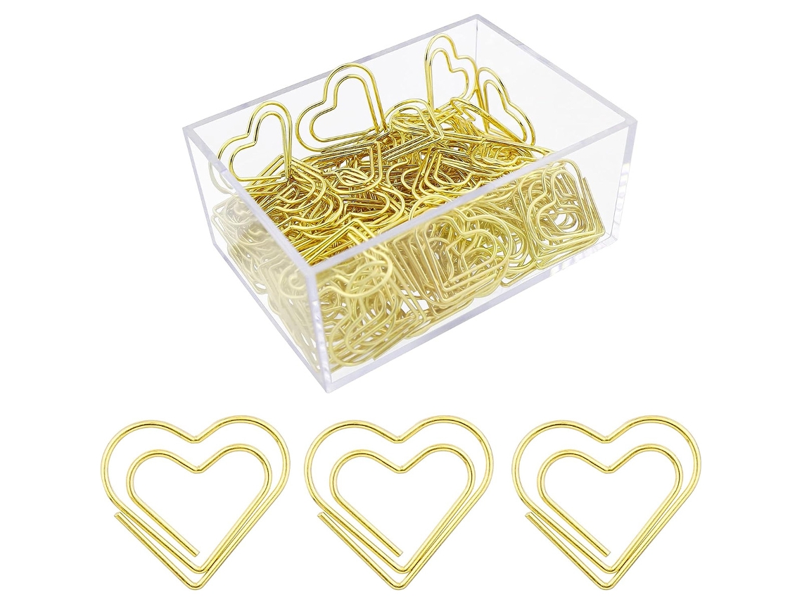 100 clips de papel dorados con forma de corazón, acabado liso, para decoración de bodas.