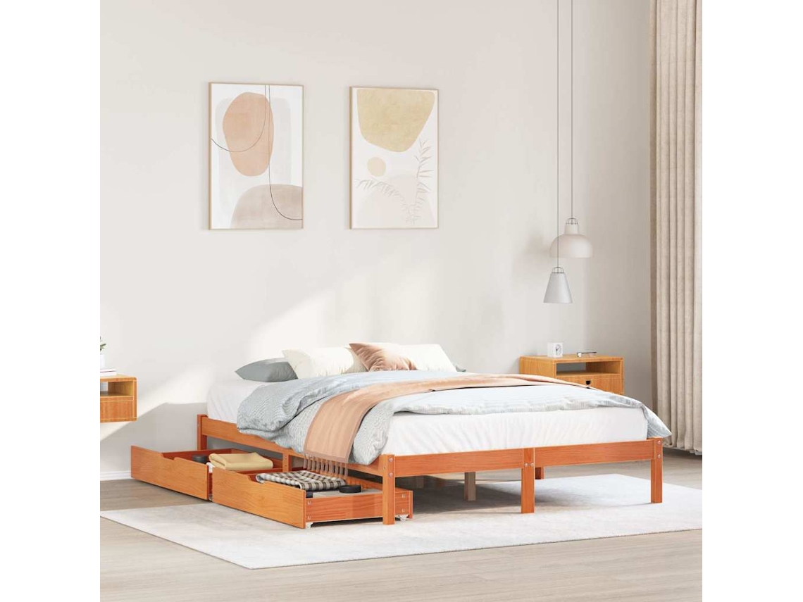 Cama Sin Colchón Madera Maciza De Pino Marrón Cera 140x190 Cm