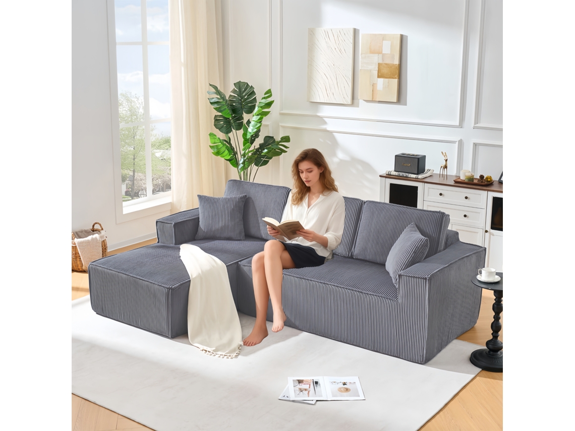 Sofá Modular Comprimido Pana 2 Plazas Chaise Longue Espuma Alta Densidad Gris
