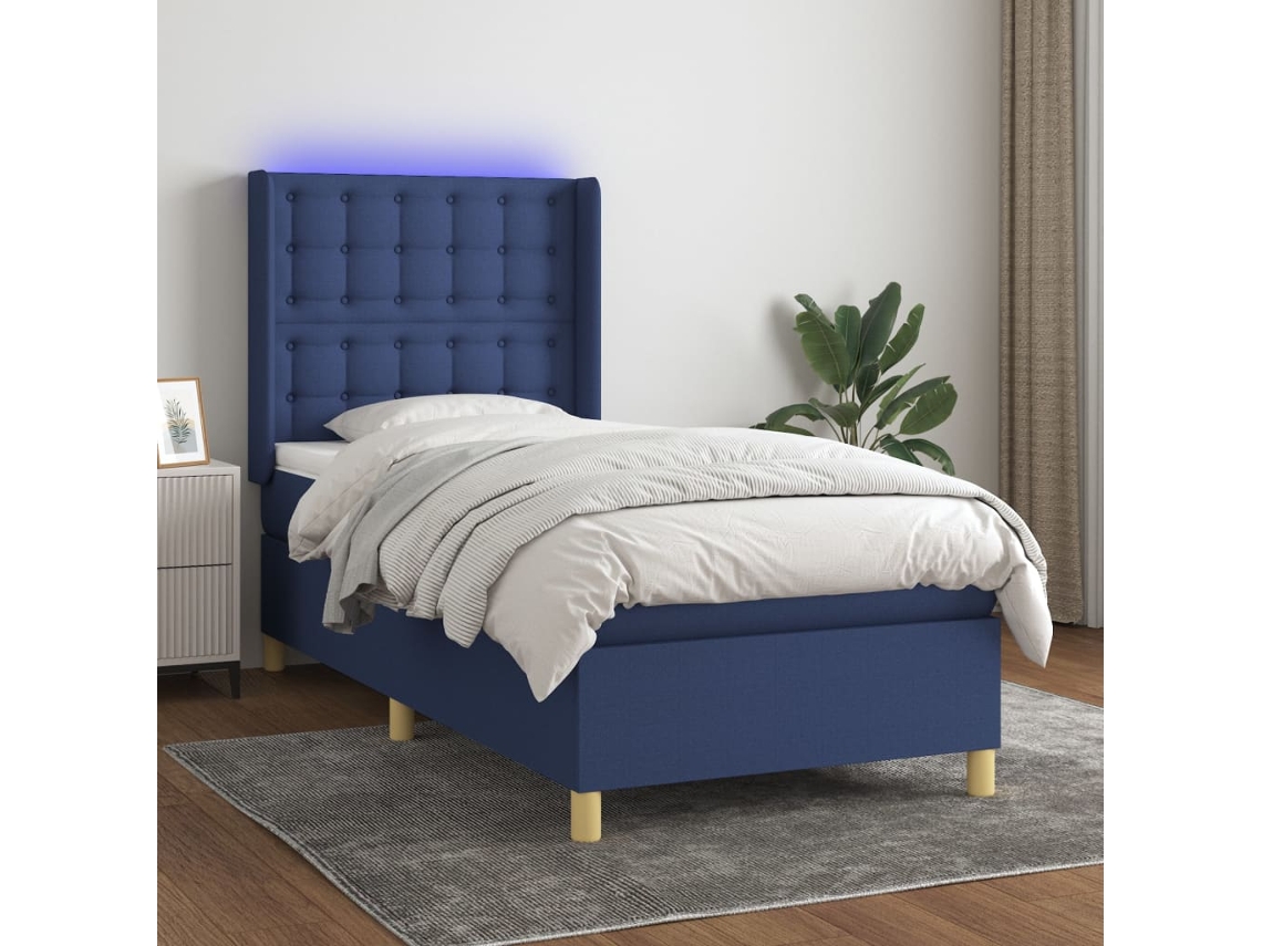 Cama Box Spring Colchón Y Luces Led Tela Azul 100x200 Cm