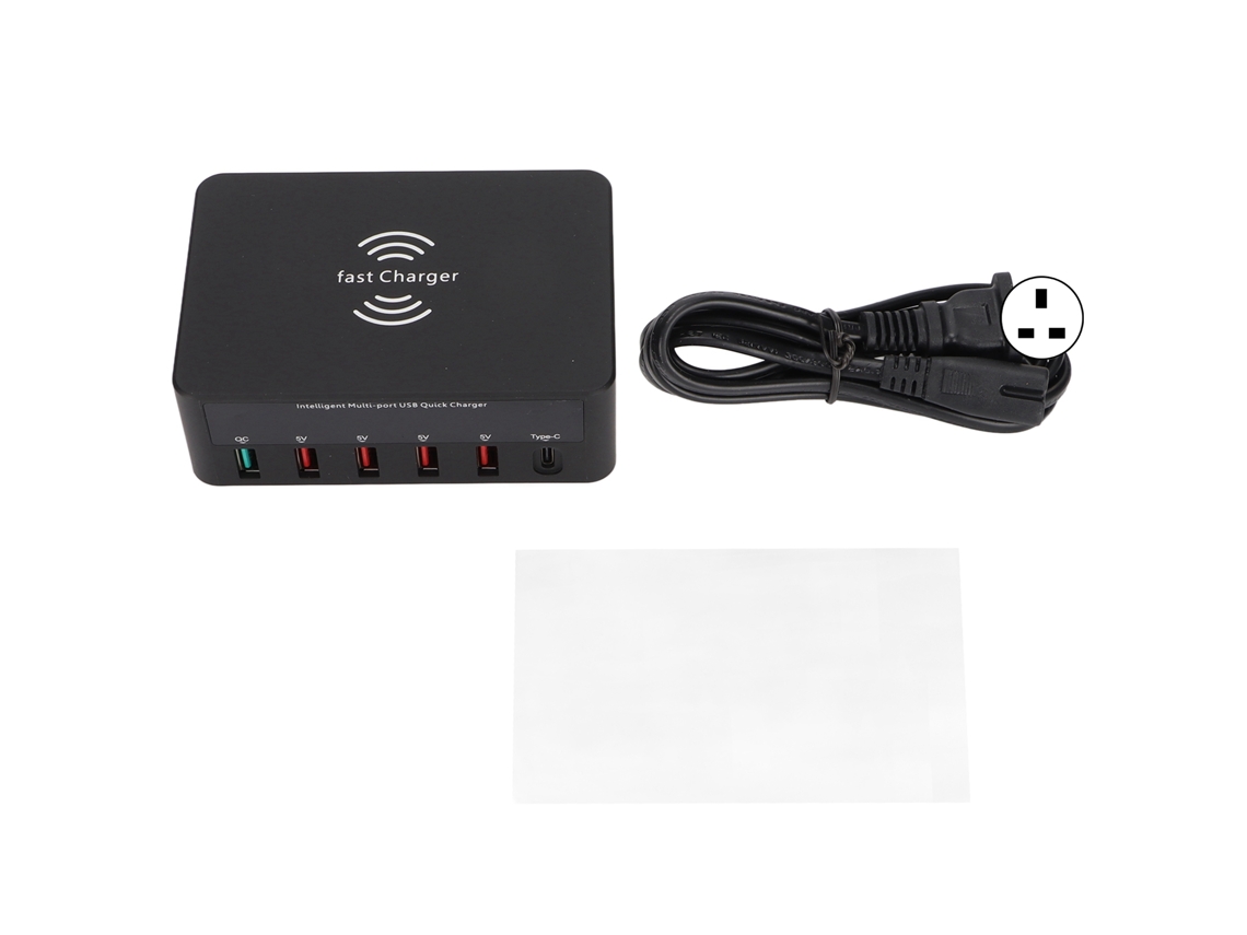 Estação De Carregamento Usb 40w 6 Portas Qc3.0 Com Carregamento Sem Fio Base Lcd 100-240v Plug Uk Preto