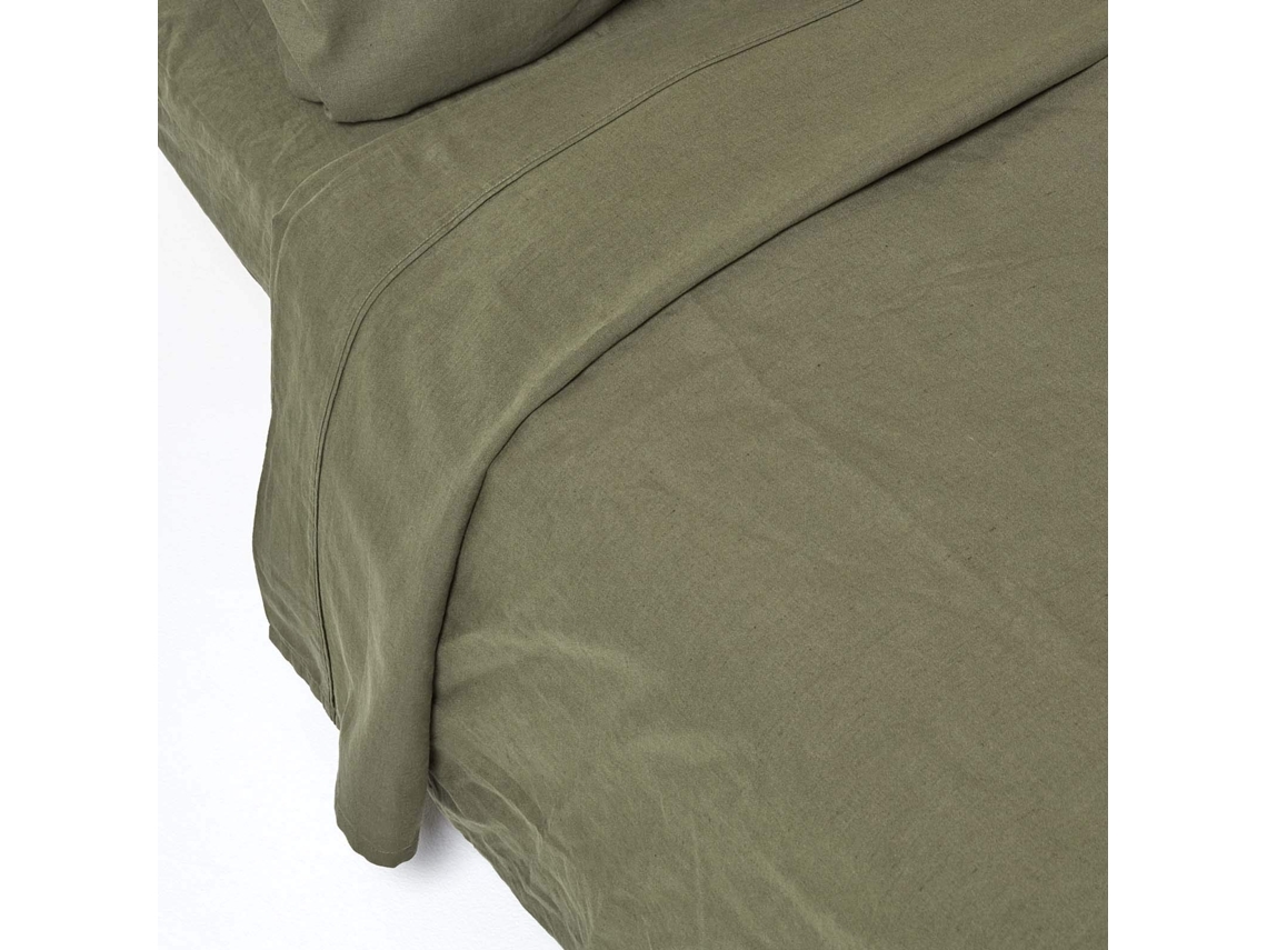 Homescapes Khaki Green Linen Flat Sheet, Double