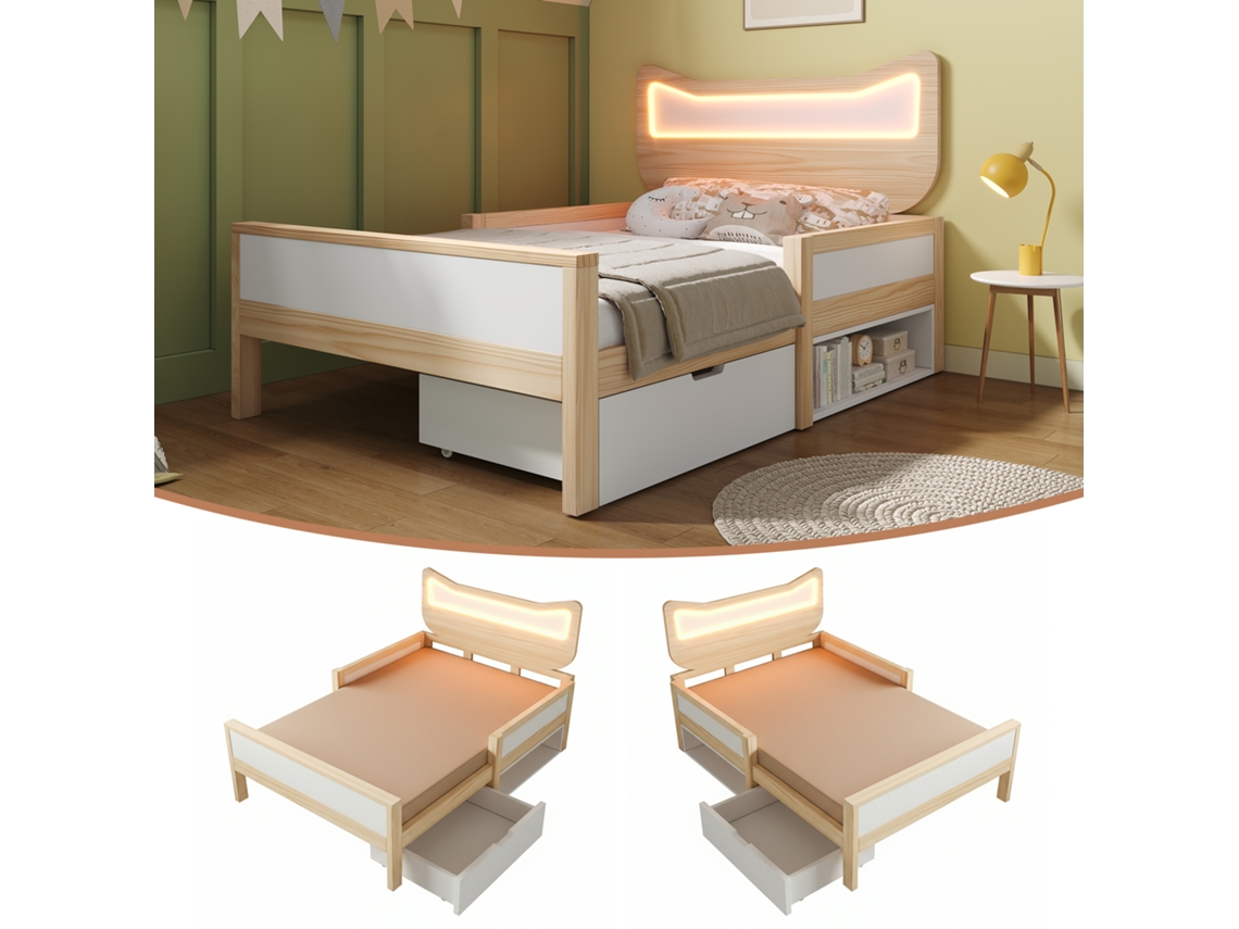 Cama Infantil Con Orejas De Gato, Luces Led Rgb, Cajón Flexible, Roble Blanco.