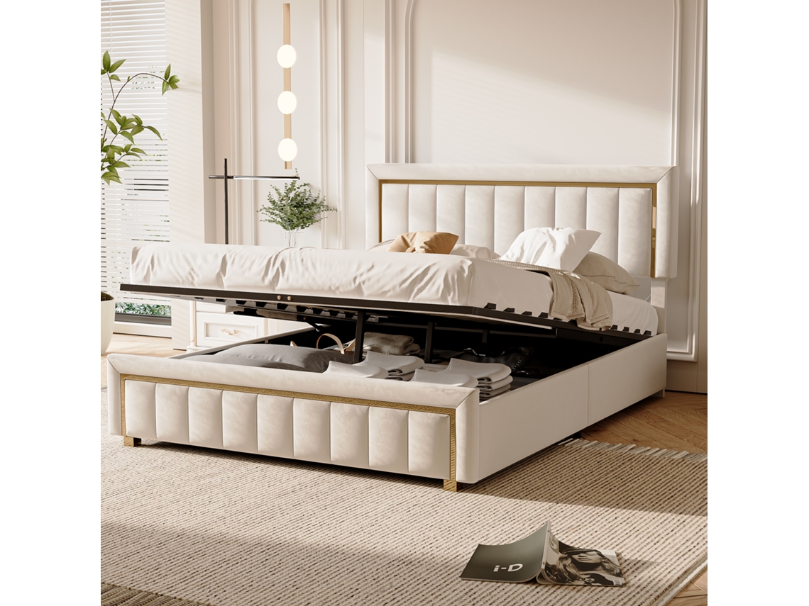 Cama Tapizada 140x200cm, Almacenaje Hidráulico Cama, Cama Doble Con Cabecero, Estructura De Cama Con Somier, Terciopelo, Beige, Sin Colchón