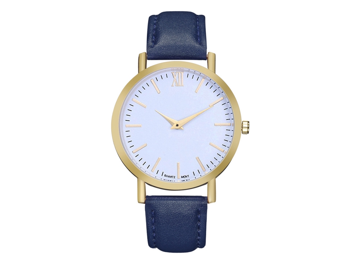 Reloj De Pulsera Analógico De Cuero Unisex Redondo De Quartzo Azul