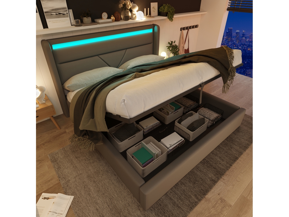 Cama Con Almacenamiento Led De 160x200 Cm Con Panel Hidráulico, Tira Led, Control Remoto, Cama Funcional, Color Gris, Colchón No Incluido.