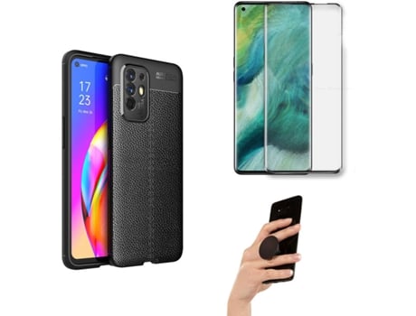 Kit Película Cristal y Popsocket Oppo Find X3 Neo PHONESHIELD Rugged Leather Negro