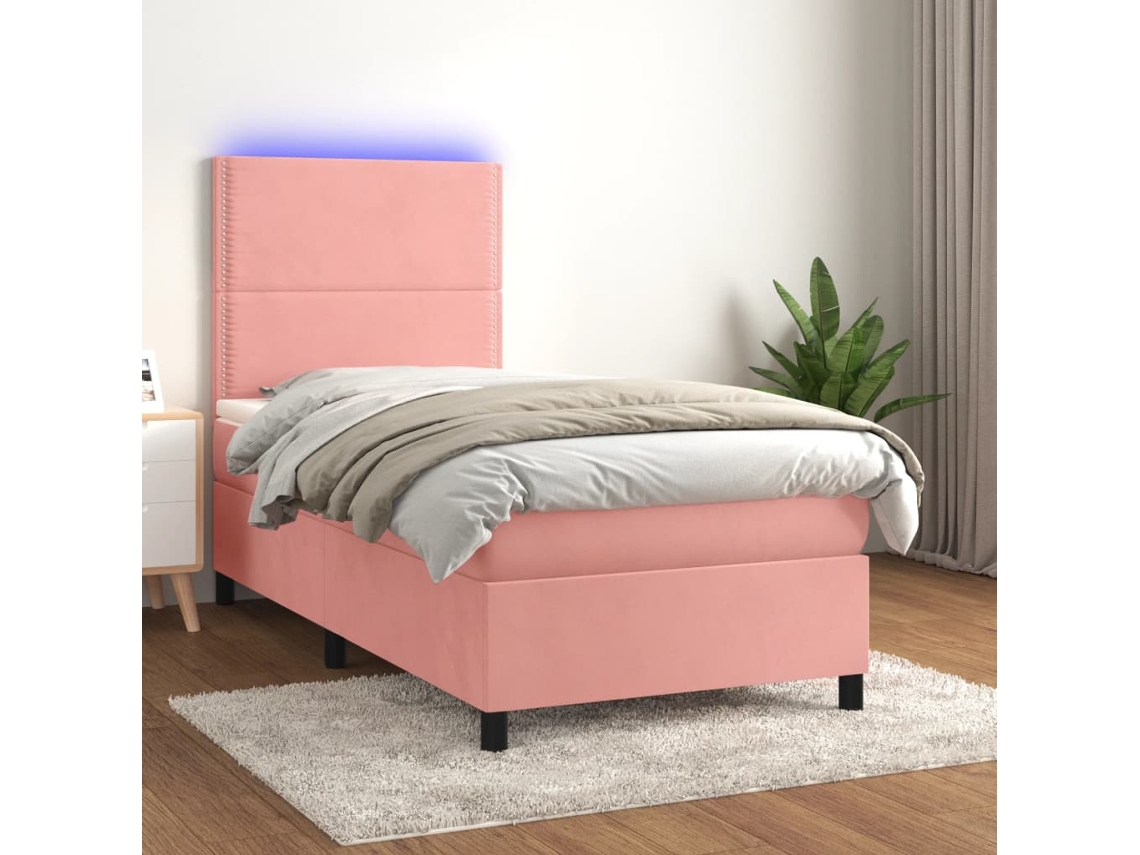 Cama Box Spring Colchón Y Led Terciopelo Rosa 90x200 Cm