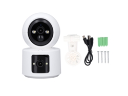 Cámara web inalámbrica para el hogar con doble lente interna, función de seguridad y monitor de bebé.